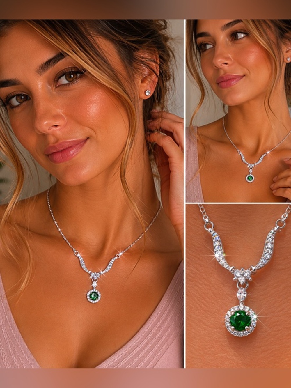 Green Emerald CZ Necklace 16” to 18” adjustable